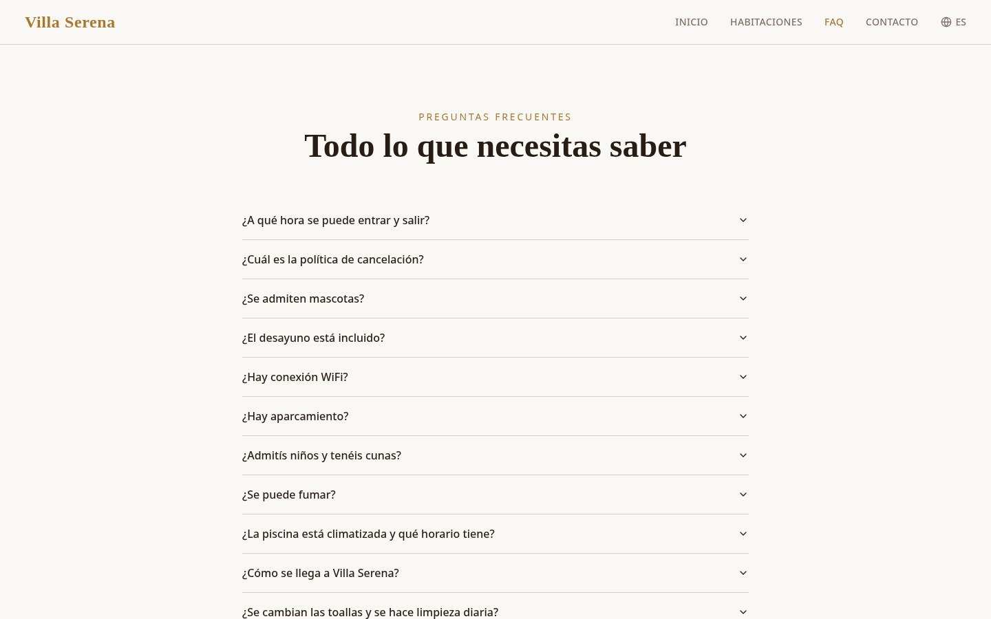 Sección de preguntas frecuentes de la web demo