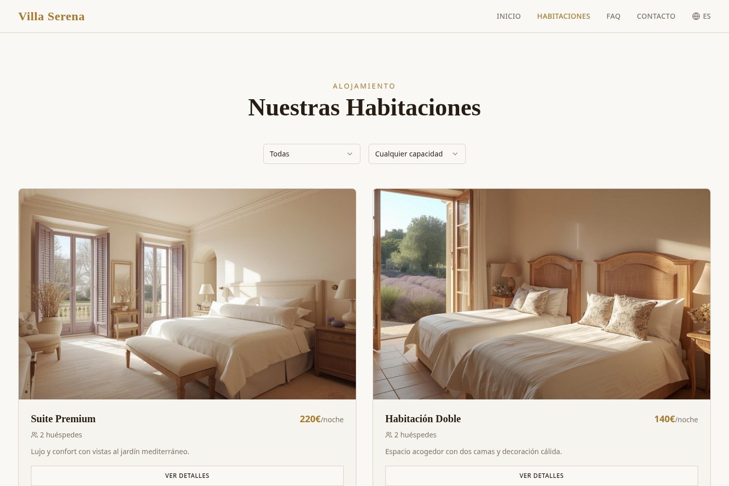 Listado de habitaciones de la web demo