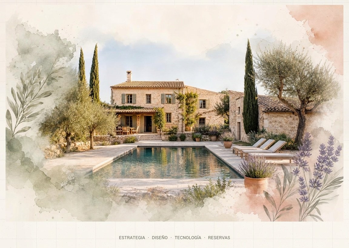 Casa rural mediterránea con piscina y vegetación