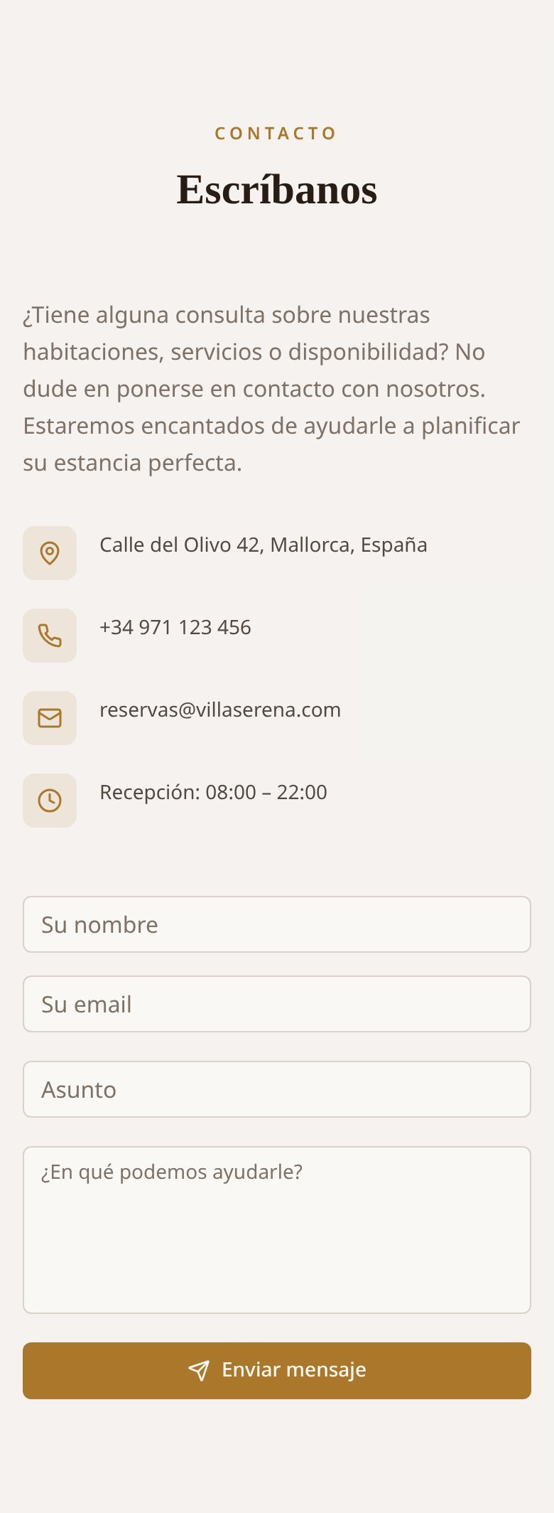 Datos de ubicación y contacto de la web demo en móvil